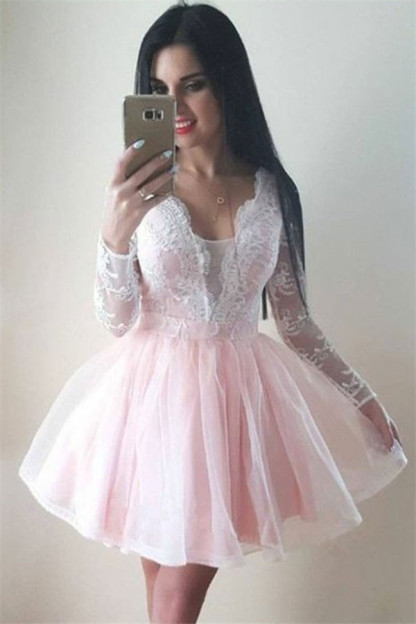 Long Sleeve Puffy Tulle Lace Formal Dresses | V-Neck Short Evening Dress UK