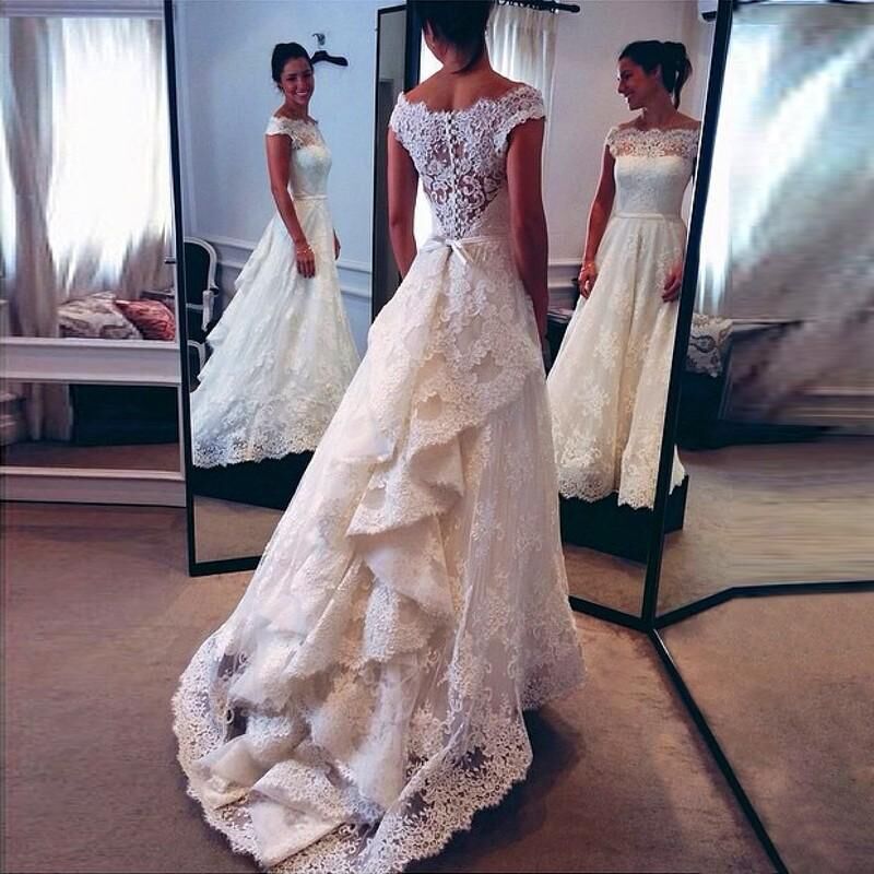 Amazing Short Sleeve Lace Wedding Dresses UK Zipper Button Designer Bridal Gowns