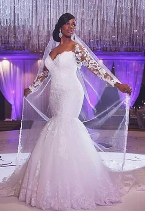 Elegant Off-the-shoulder Long Sleeve Sexy Mermaid Wedding Dress With Appliques BO7238