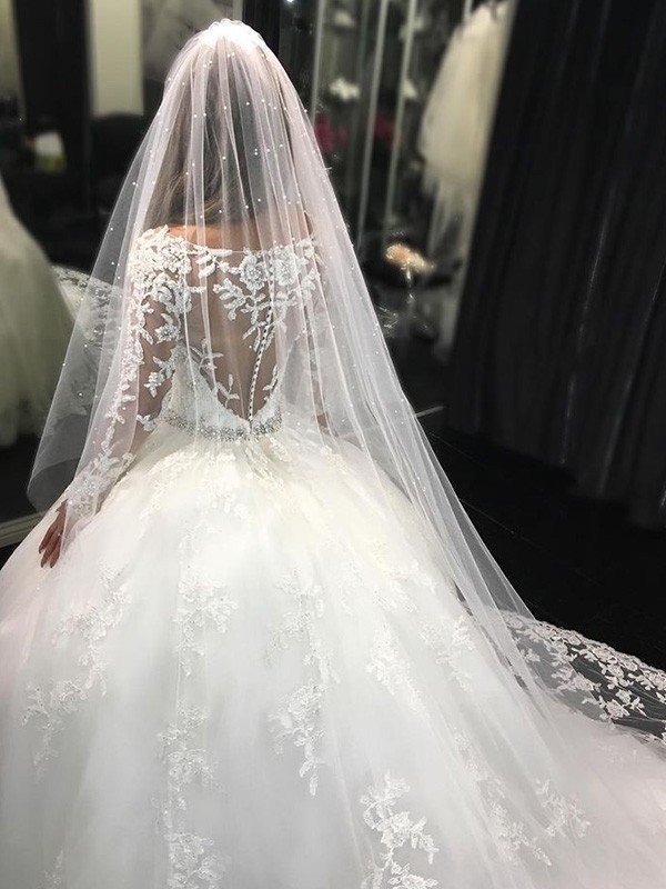 Lace Tulle Cathedral Train Applique Scoop Neckline Long Sleeves Ball Gown Wedding Dresses UK