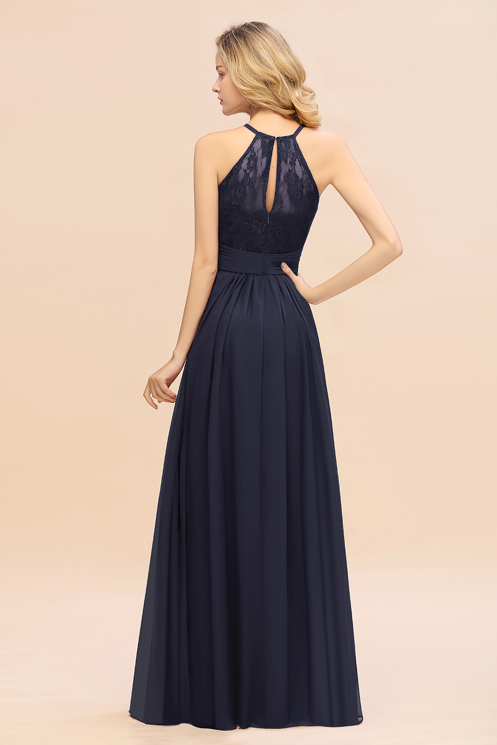 Halter Grape Lace Bridesmaid Dress Sleeveless Long Wedding Guest Dress