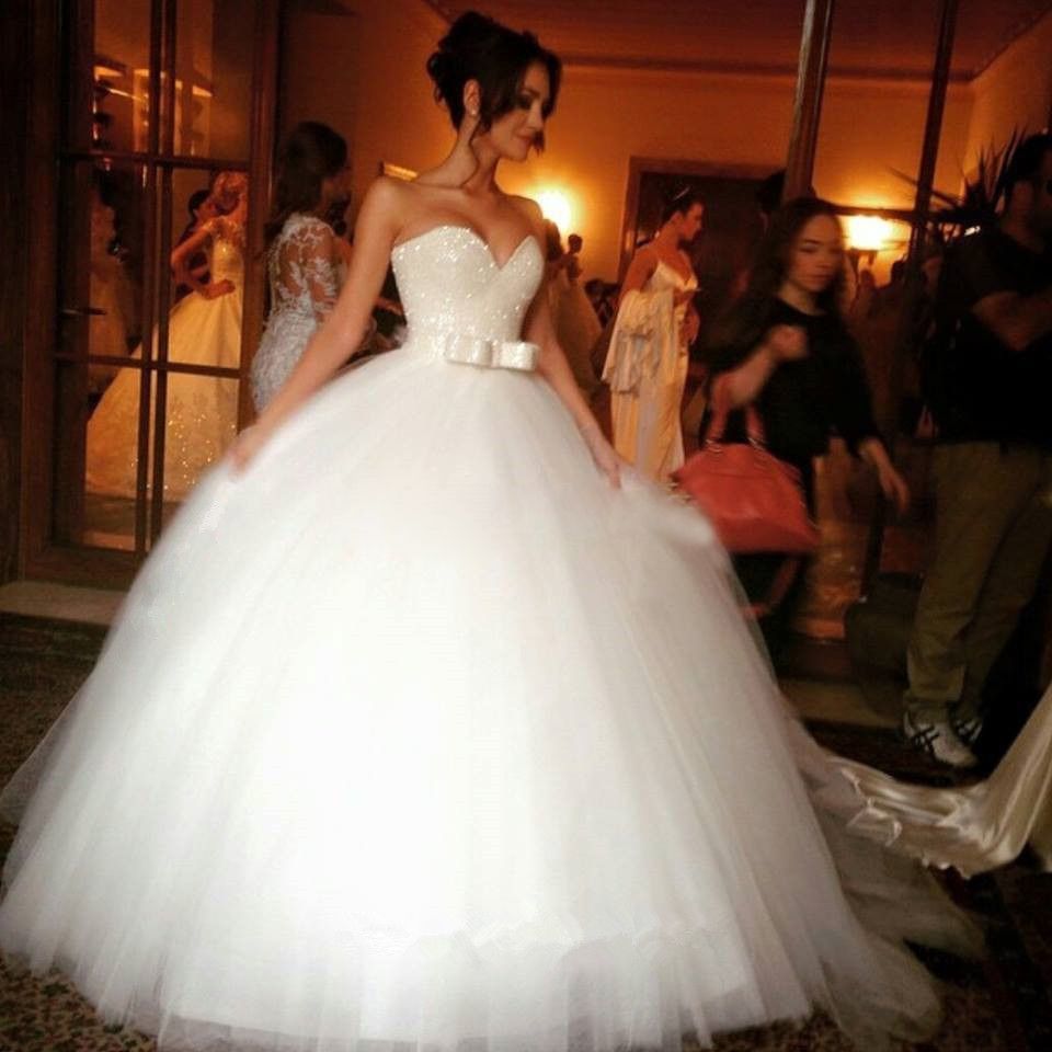 V-neck Tulle Sequins Wedding Dress Ball Gown Bowknot