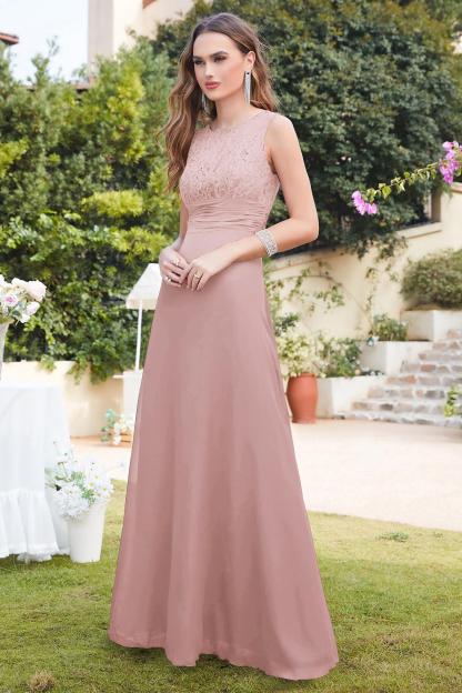 Elegant Round Neck Floral Lace Chiffon Bridesmaid Dress Sleeveless Floor Length Wedding Party Dress