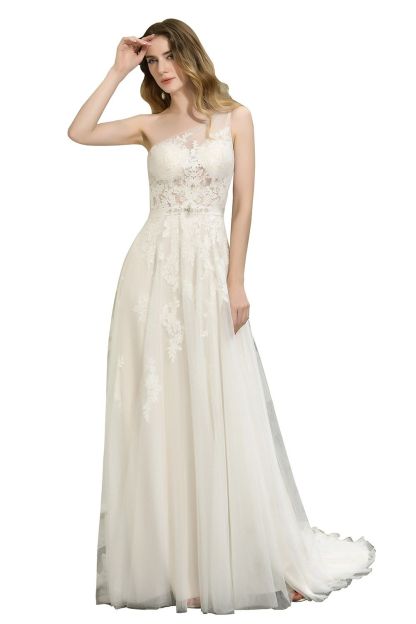 One Shoulder A-line Wedding Dress Lace Appliques