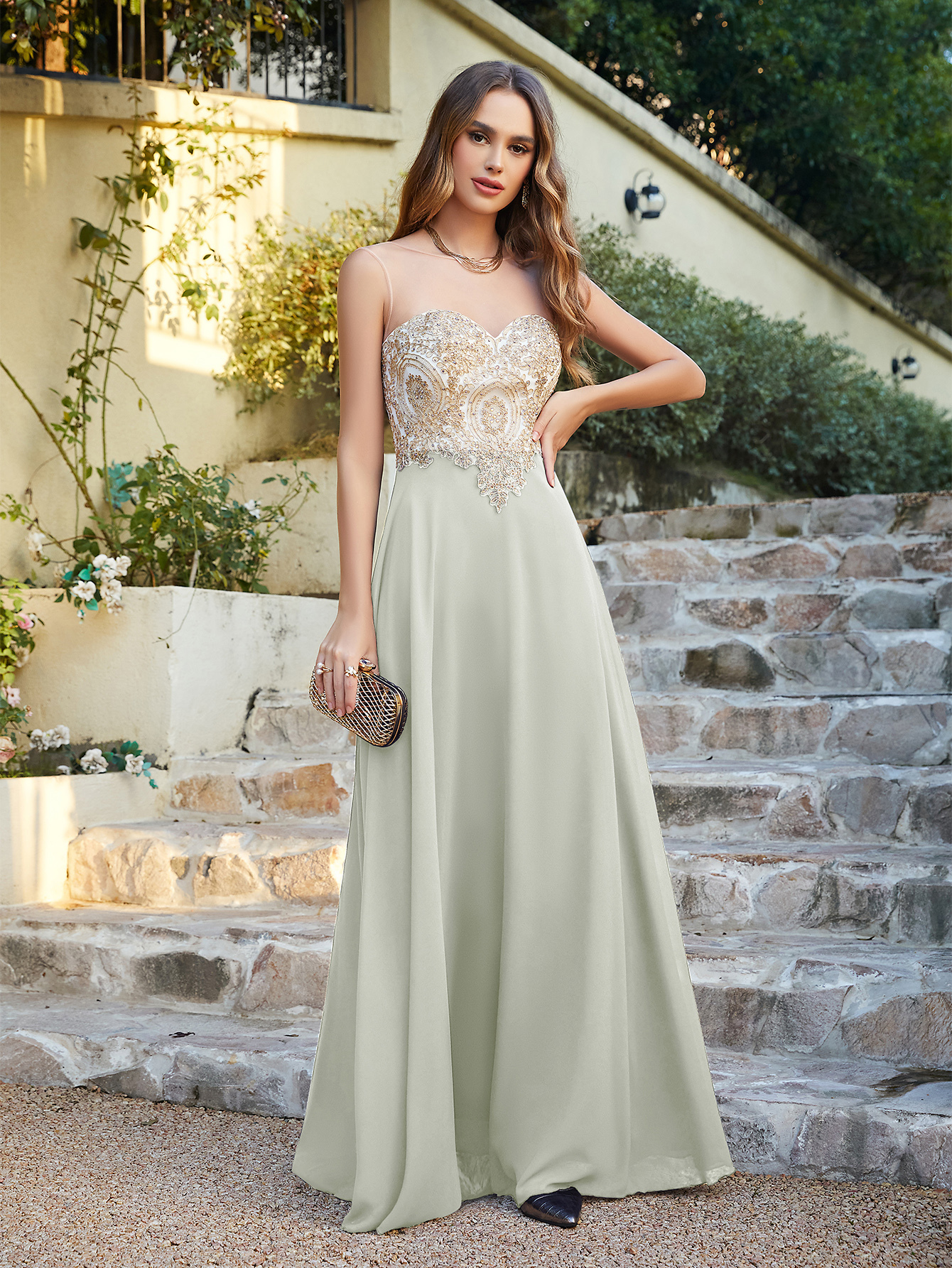 Elegant Jewel Neck Chiffon Formal Dress Floor Length A-line Lace Appliques Bridesmaid Dresses