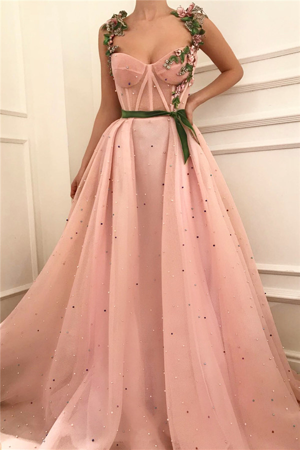 Sexy Pink Tulle Burgundy Sash Prom Dress with Pearls | Sheer Bodice Sweetheart Evening Dress UK