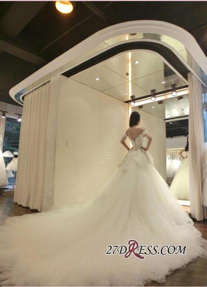 Tulle Beads Newest Lace-Appliques Off-the-shoulder Long-Train Wedding Dress