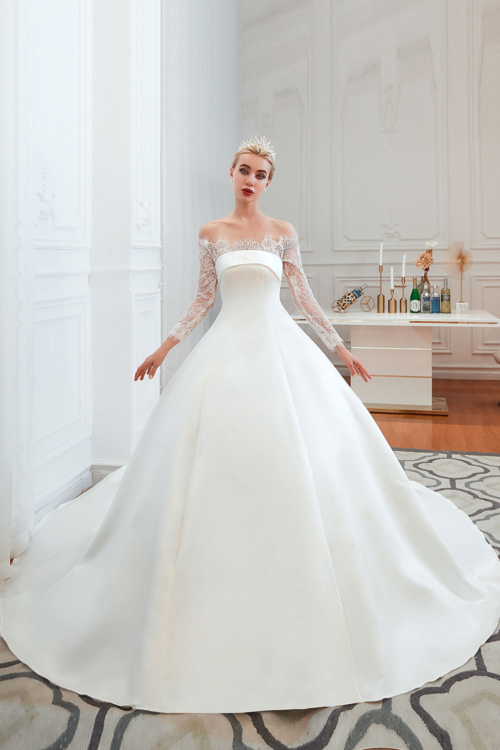 Princess Bridal Gowns with Cathedral Train Long Sleeves Wedding Dresses