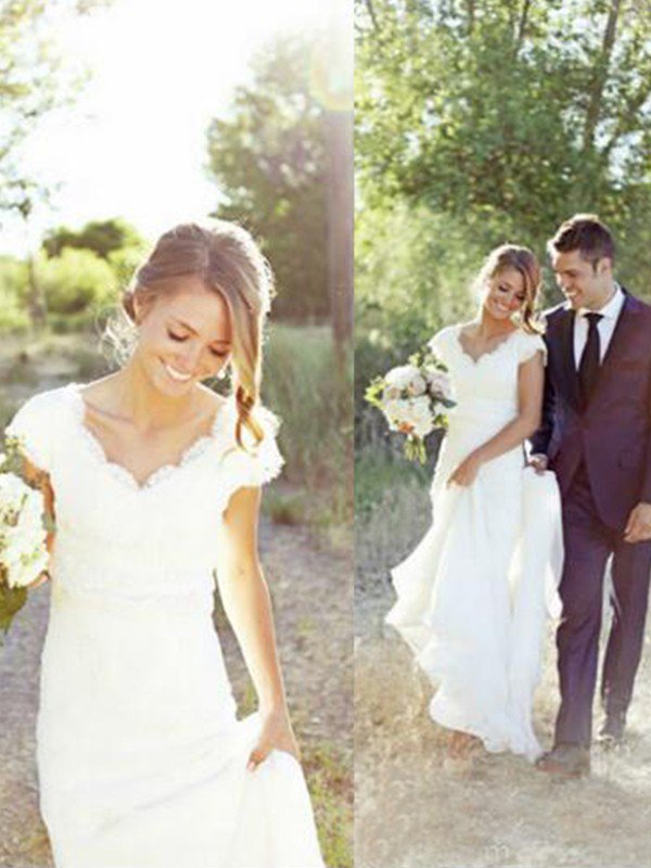 Sweep Train A-Line Lace V-Neck Tulle Sleeveless Wedding Dresses UK