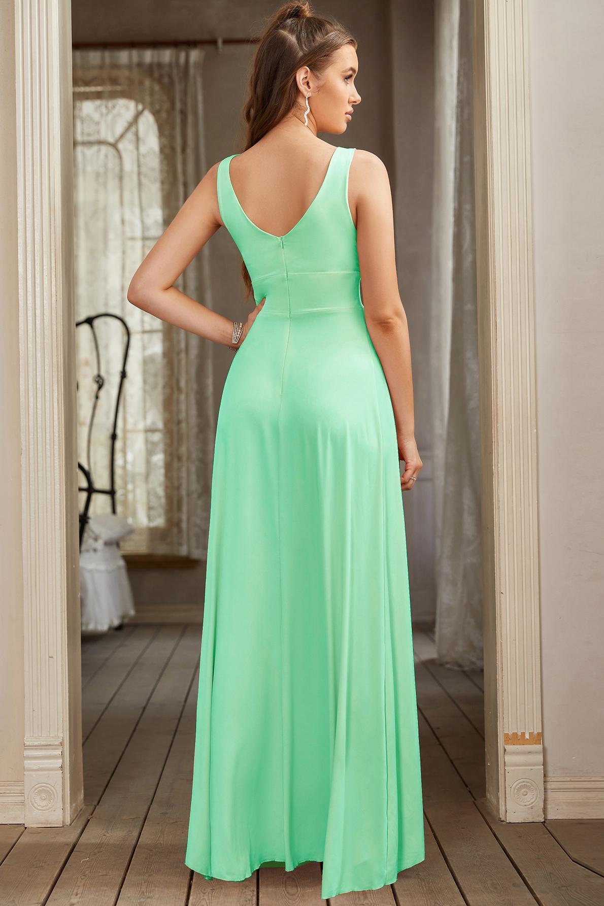 Crew Neck Long Evening Dress Sleevless Floral Lace Chiffon Bridesmaid Dress