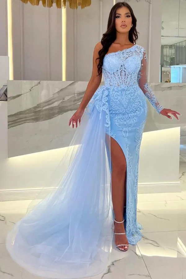 Charming One Shoulder Sky Blue Lace Mermaid Evening Dress Side Slit Floor Length Party Dress with Sweep Train