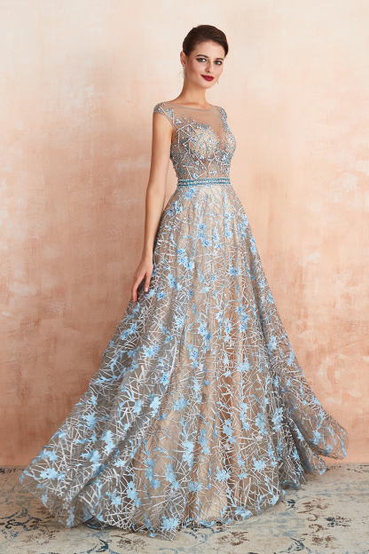 Charming Scoop Neck Cap Sleeves Flower Aline Evening Dress Beadings Floor Length Special Occasion Dress