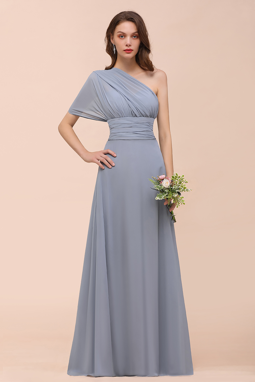 Elegant Dusty Blue Chiffon Long Bridesmaid Dress