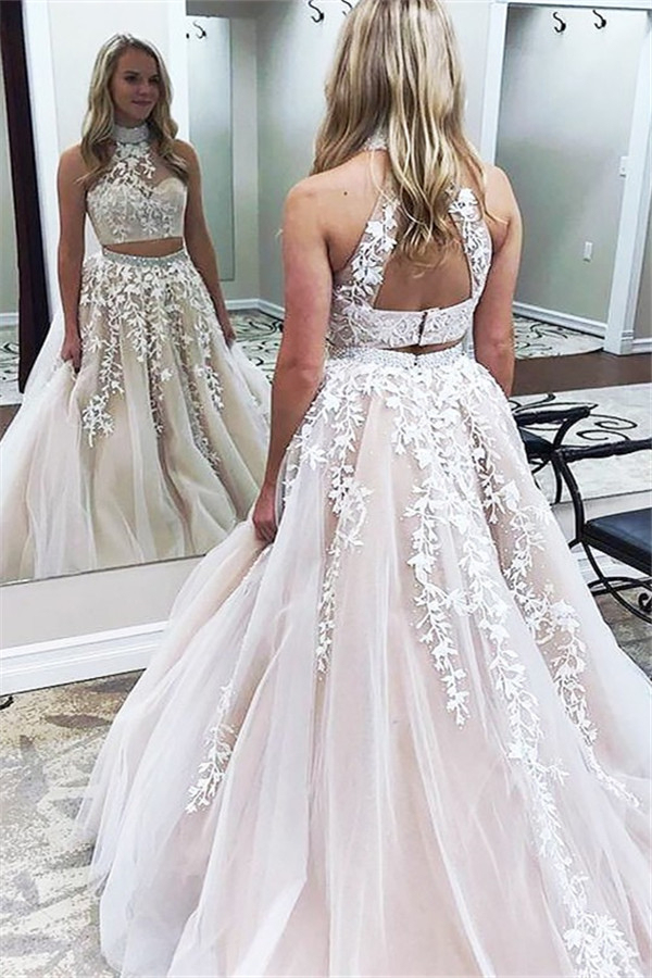 Sexy Halter Two Piece Lace Appliques Prom Dress UKes UK Lace Up Crystal Evening Dress UKes UK with Beads