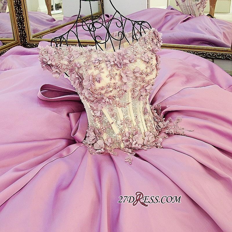 Off-the-Shoulder Puffy Beaded Applique Flowers Pink Prom Dress UKes UK With Bows
