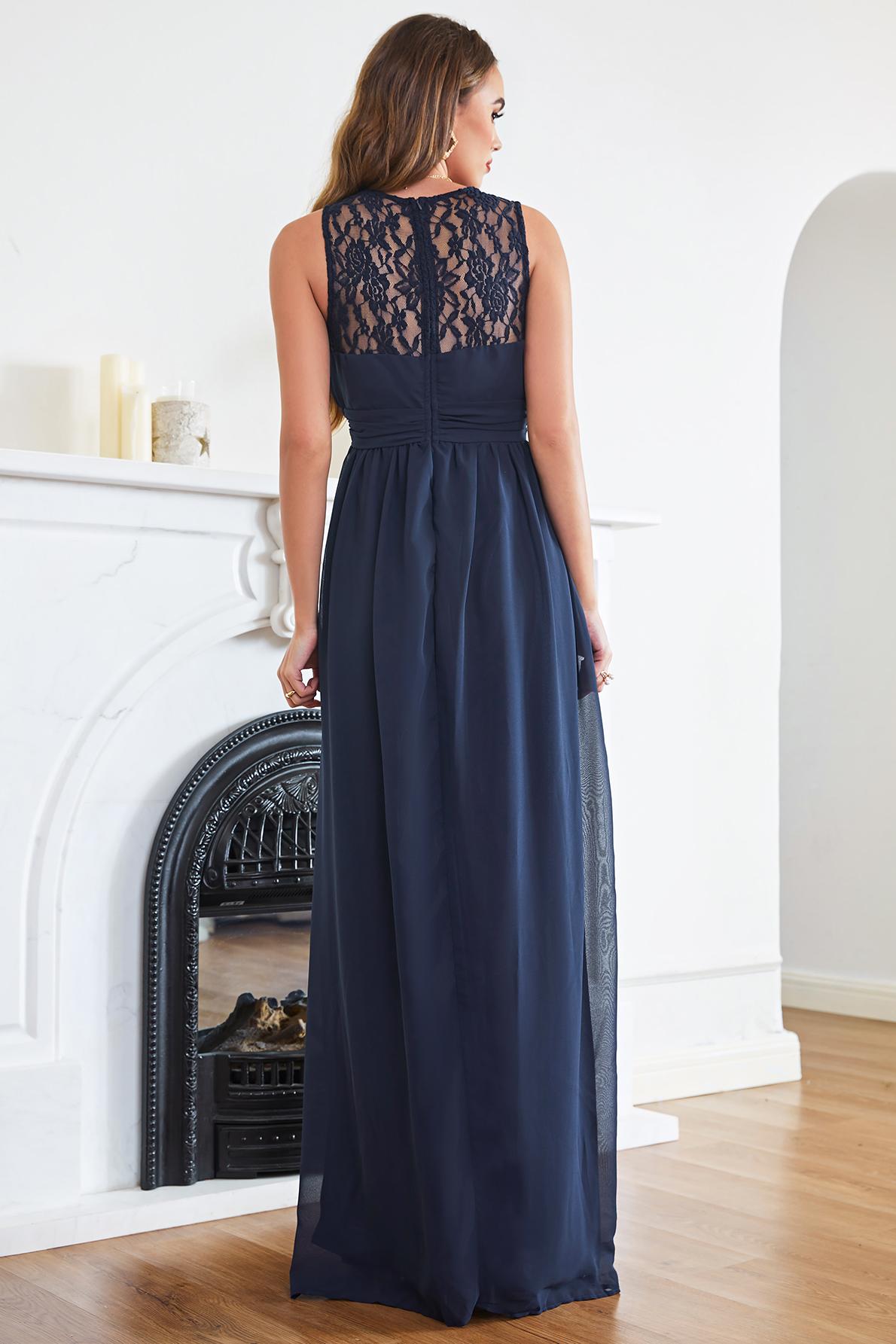 Elegant Ruched Chiffon Bridesmaid Dress Sleeveless Floral Lace Floor Length Dress for Casual Wear