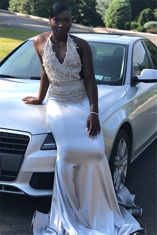 Chic Halter V-Neck Sleeveless Crystals Sequined Elegant Mermaid Prom Dress UKes UK UK