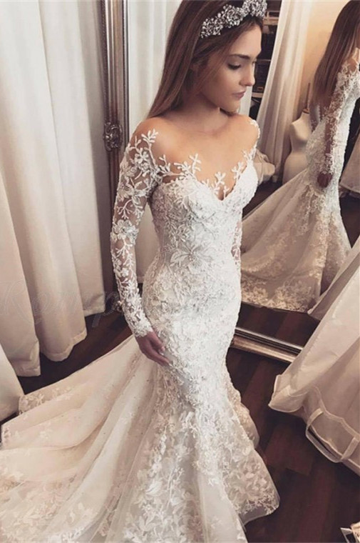 Elegant Long Sleeve Wedding Dress | Lace Appliques Wedding Dress On Sale