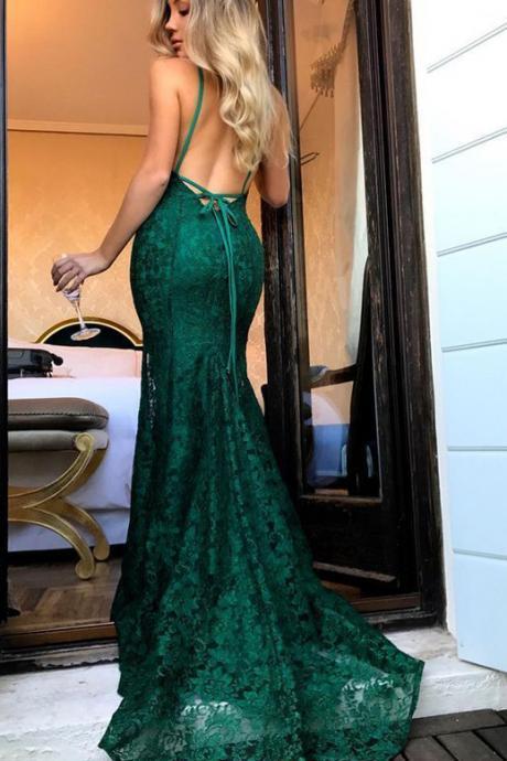 Dark Green Lace Prom Dress UK Mermaid Evening Gowns