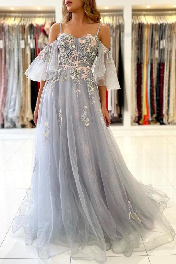 Charming Spaghetti Straps Puffy Sleeves Sweetheart Tulle Evening Party Dress with Floral Pattern