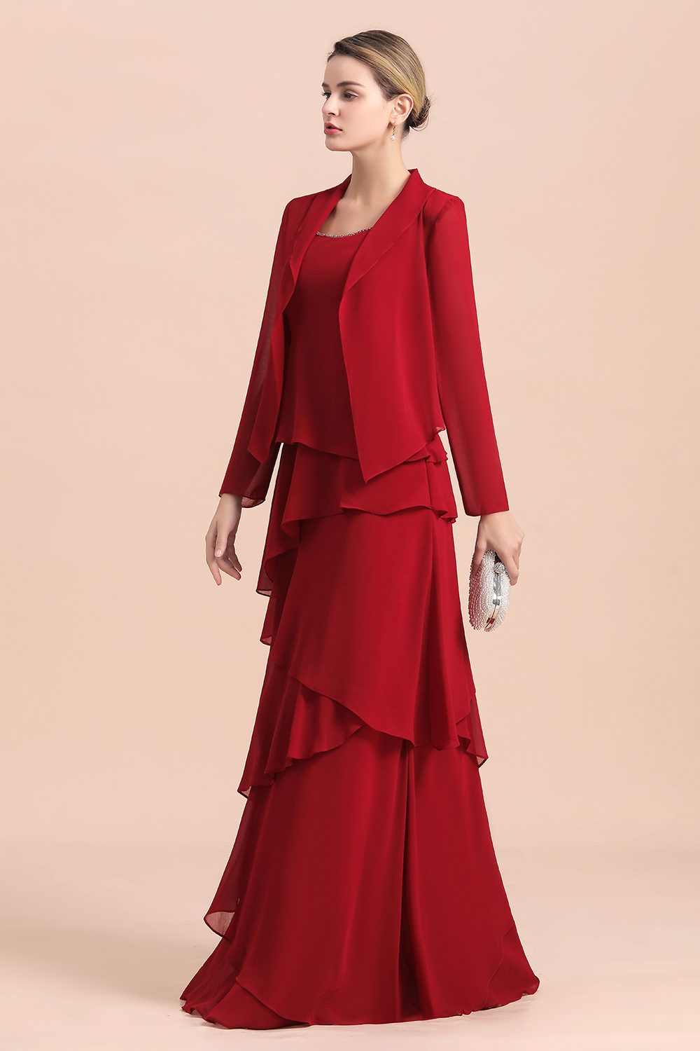 Burgundy Chiffon Mother of the Bride Dress Ruffles With Jacket