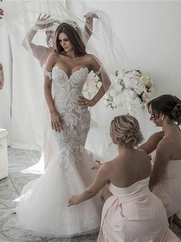 Off-the-Shoulder Sleeveless Sexy Mermaid Tulle Wedding Dresses UK