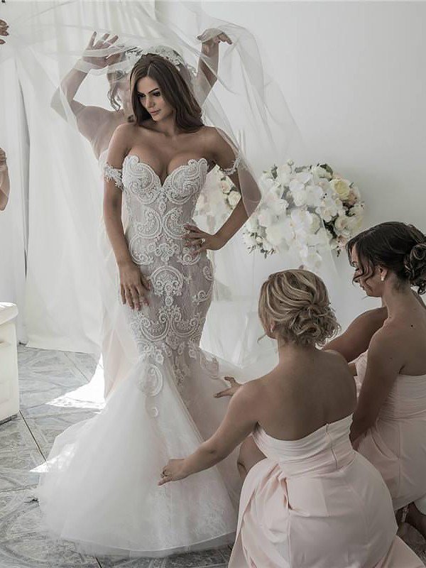 Off-the-Shoulder Sleeveless Sexy Mermaid Tulle Wedding Dresses UK