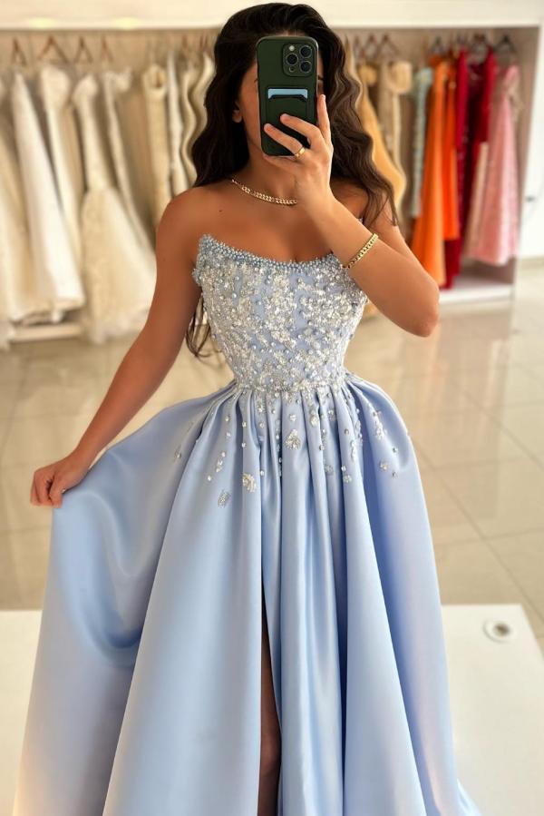 Stylish Strapless Sequins Beading Front Split A-Line Prom Dresses