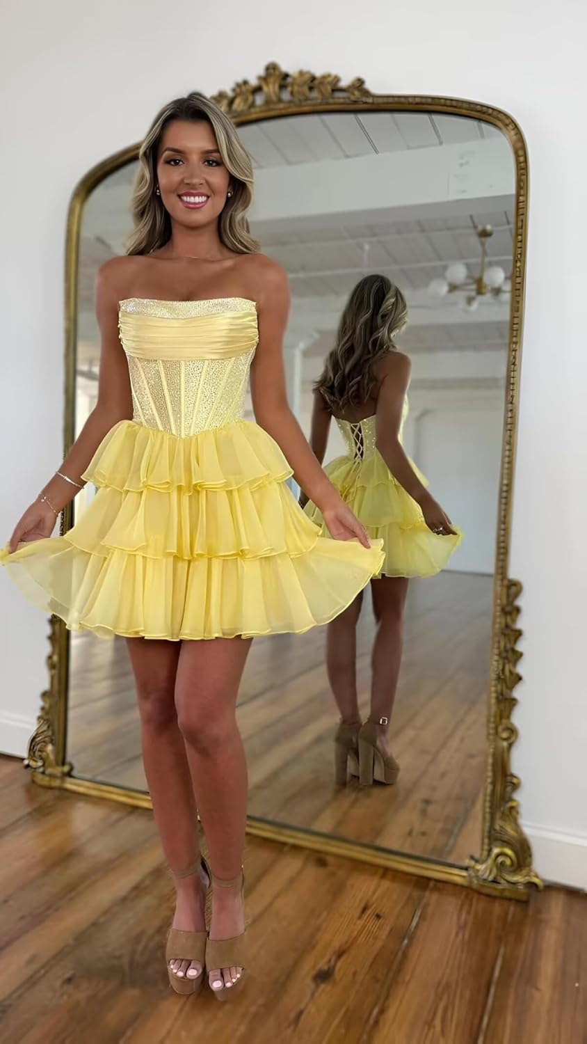  Sequin Chiffon Tiered A-Line Homecoming Dresses | Short Prom Dresses