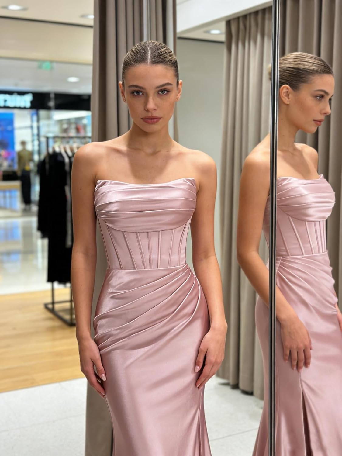 Strapless Satin Mermaid Long Prom Dresses with Slit 
