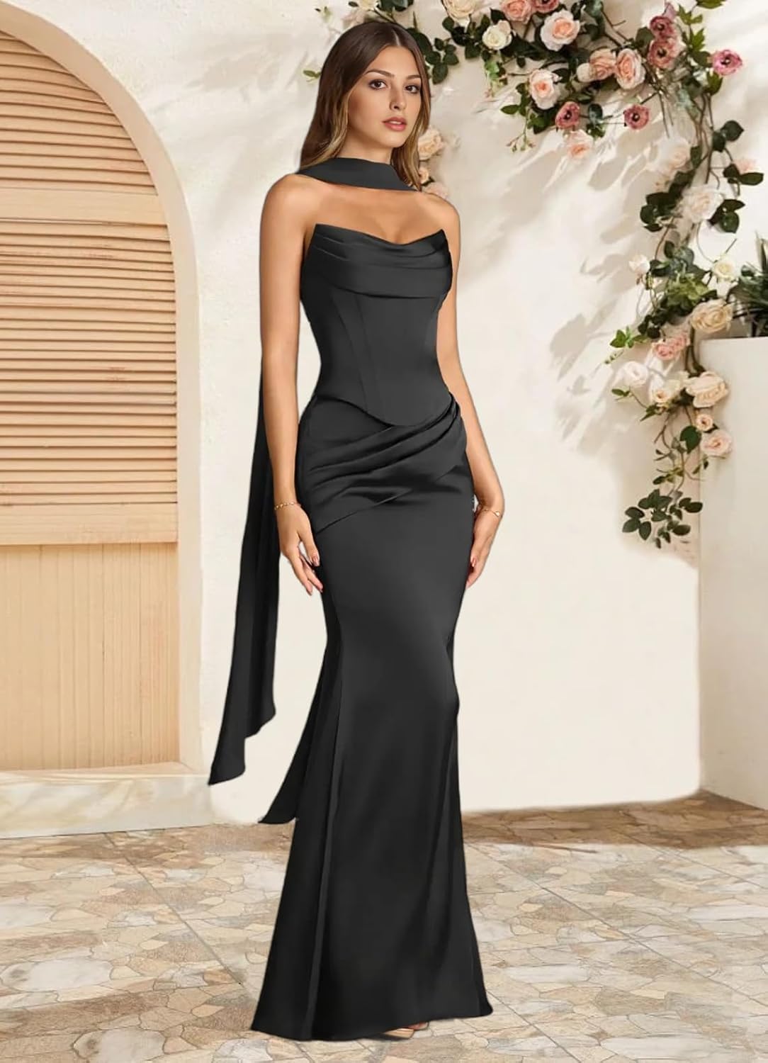 Strapless Satin with Scarf Convertible Long Mermaid Prom Dresses