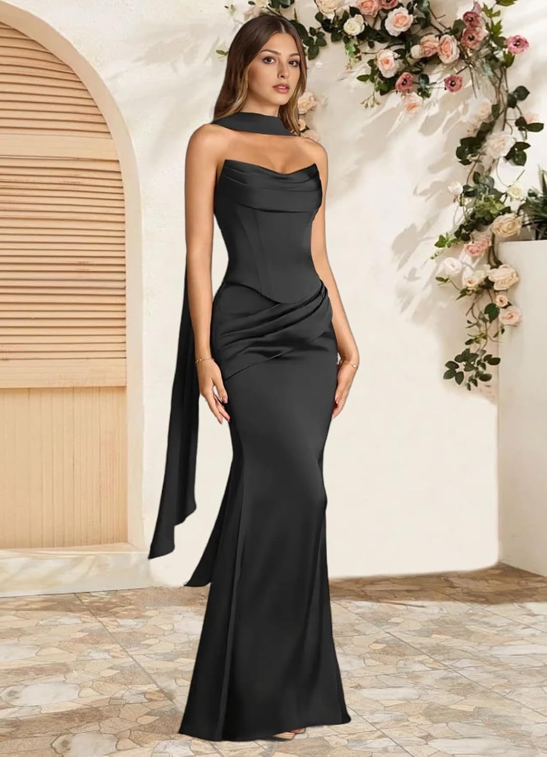 Strapless Satin with Scarf Convertible Long Mermaid Prom Dresses