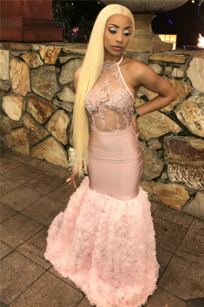 Pink Halter Lace Appliques Flower Prom Dress UKes UK Mermaid Lace Sleeveless Evening Dress UKes UK