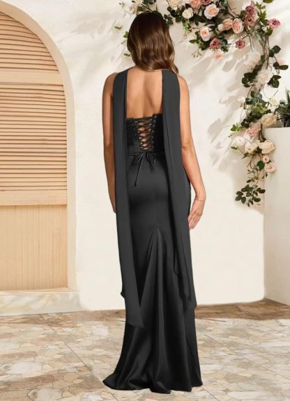 Strapless Satin with Scarf Convertible Long Mermaid Prom Dresses