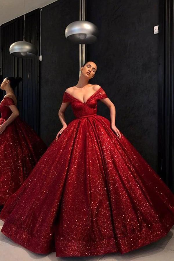 Sequins Off-the-Shoulder Lace Appliques Prom Dress UKes UK Ball Gown Sleeveless Evening Dress UKes UK