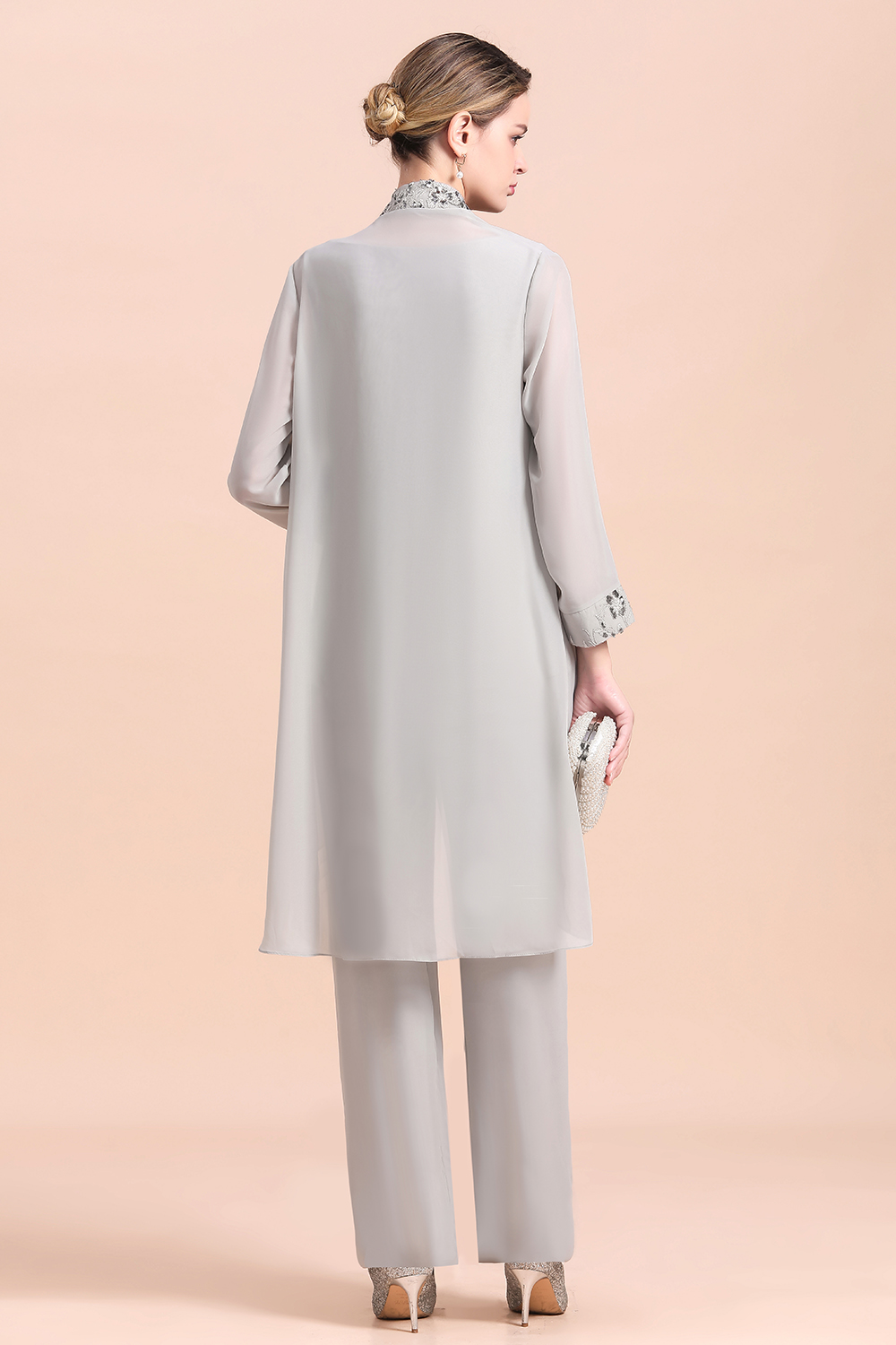 Elegant Sleeveless Appliques Silver Chiffon Mother of Bride 3 Piece Jumpsuit with Wrap
