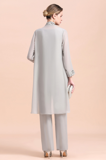 Elegant Sleeveless Appliques Silver Chiffon Mother of Bride 3 Piece Jumpsuit with Wrap