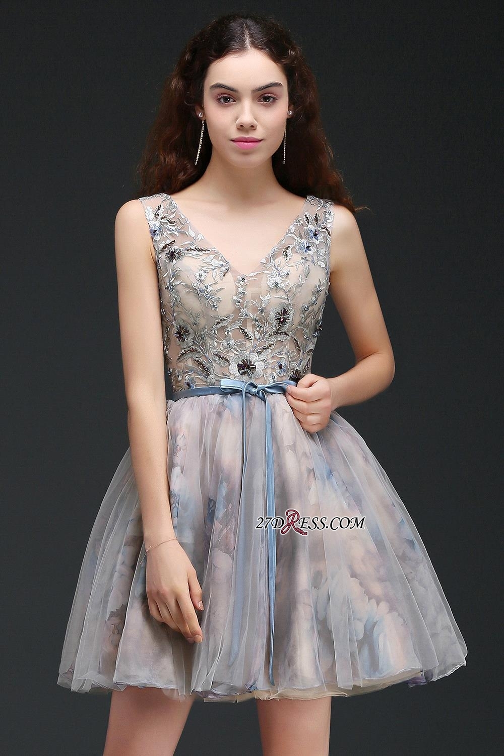 Sash Cute Lace-up Sleeveless Straps Short Flowers Homecoming Dress UK