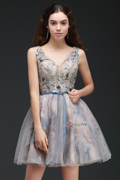 Sash Cute Lace-up Sleeveless Straps Short Flowers Homecoming Dress UK