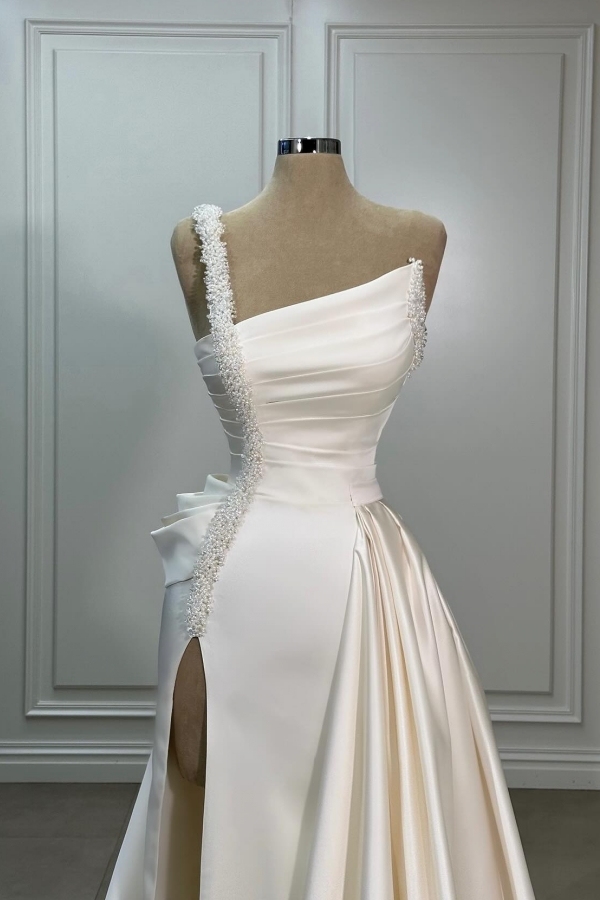 One Shoulder White Ruched Satin Long Evening Dress Sparkly Side Slit Party Dress with Sweep Train