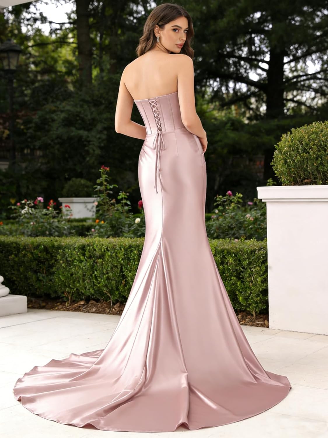 Strapless Satin Mermaid Long Prom Dresses with Slit 