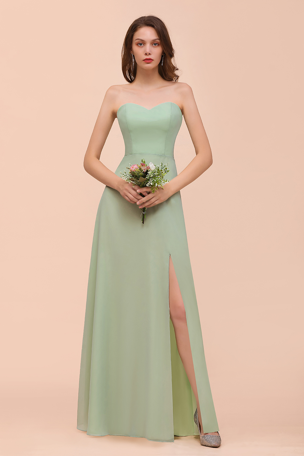 Dusty Sage Sweetheart Sleeveless Long Bridesmaid Dress with Front Slit