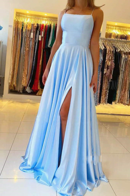 Spaghetti Straps Mint Green Satin Long Evening Dress with Side Split