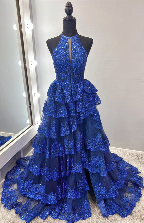 Unique Halter Tulle A-Line Sequins Prom Dresses Split Front