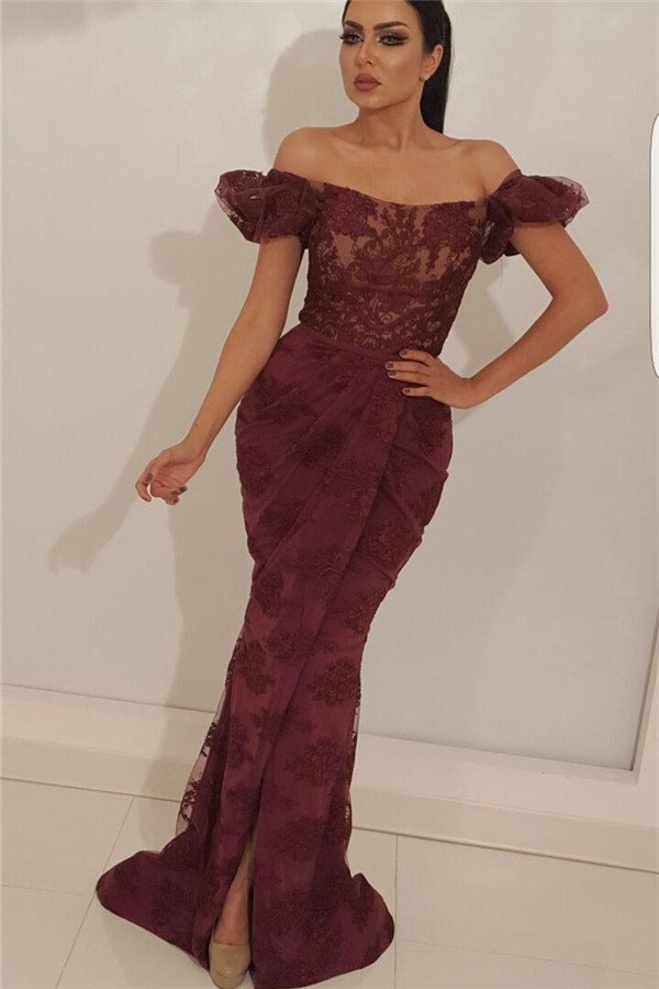 Chic Off the Shoulder Lace Prom Dress | Sexy Mermaid Sexy Slit Long Evening Dress