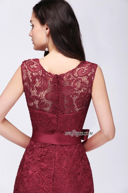 Bowknot-Sash Lace Floor-Length Burgundy Sleeveless Mermaid Prom Dress UKes UK