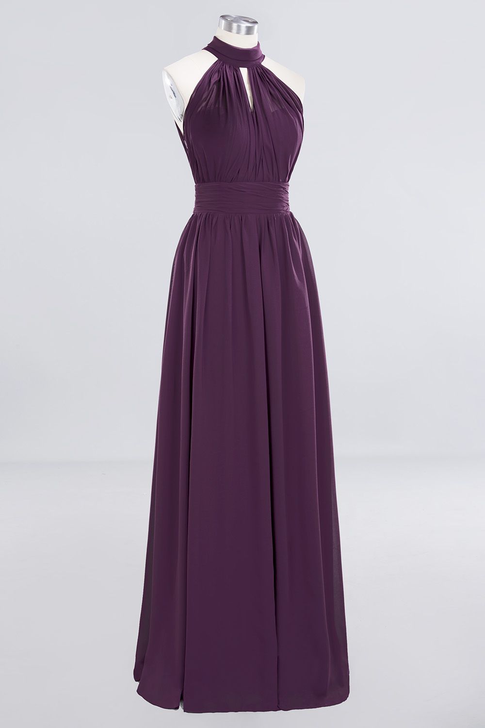 Gorgeous Grape Halter Long Bridesmaid Dress Ruffle Chiffon Wedding Guest Dress