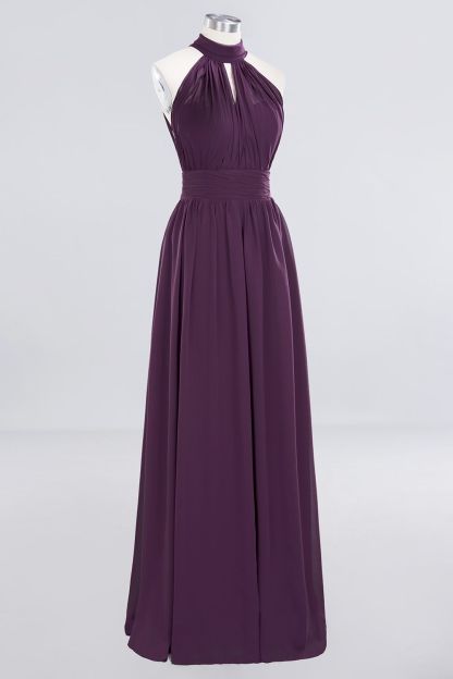 Gorgeous Grape Halter Long Bridesmaid Dress Ruffle Chiffon Wedding Guest Dress