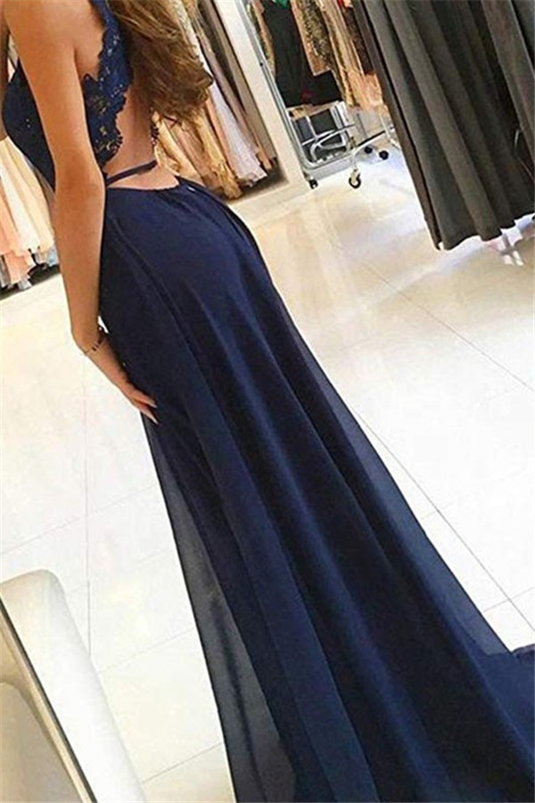 Lace Open Back Halter Applique Prom Dress UKes UK Keyhole Side Slit Elegant Evening Dress UKes UK