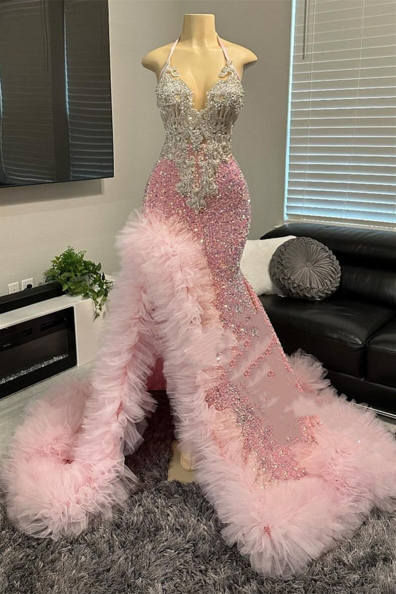 Sexy Halter Pink Glitter Sequins Mermaid Prom Dress with Side Split